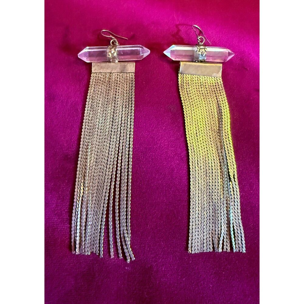 Dylanlex Clear Quartz Crystal Gold Chain Fringe Tassel Statement Drop Earrings